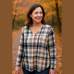 Youtalia medium holiday plaid long sleeve v-neck shirt roll up sleeves NWOT